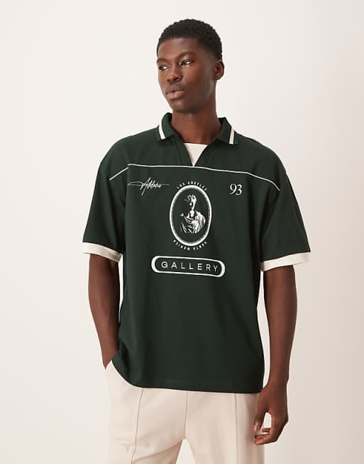DESIGN oversized sports polo with piping detail in dark green
