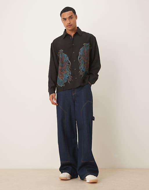 DESIGN Oversized Square Collar Shirt With Dragon Print In Black
