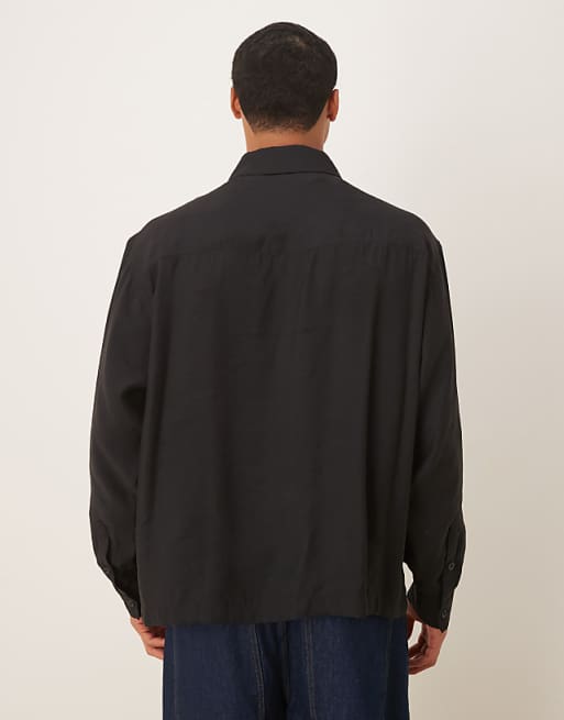DESIGN Oversized Square Collar Shirt With Dragon Print In Black