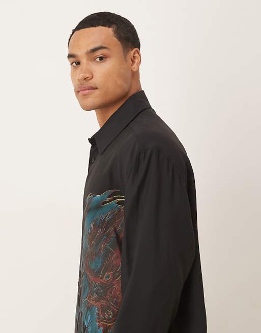 DESIGN Oversized Square Collar Shirt With Dragon Print In Black