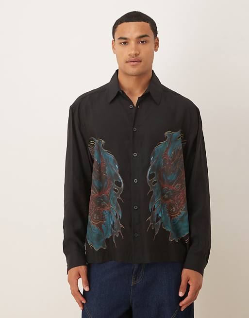 DESIGN oversized square collar shirt with dragon print in black