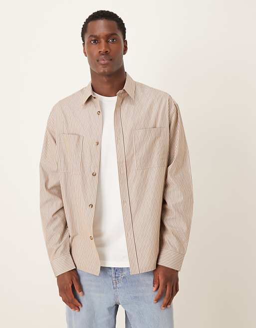 DESIGN oversized stripe shirt in beige