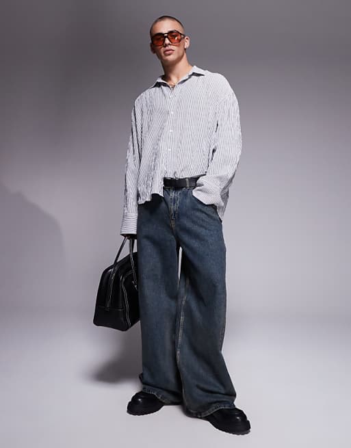 DESIGN Oversized Stripe Shirt In White And Black Seersucker