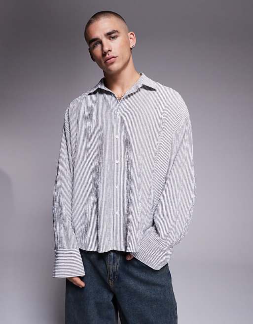 DESIGN oversized stripe shirt in white and black seersucker