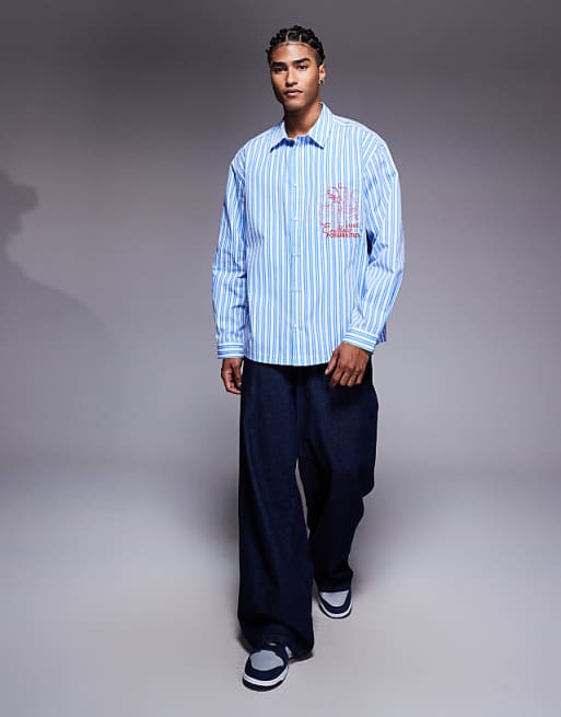 DESIGN Oversized Stripe Shirt With Chest Embroidery In Blue