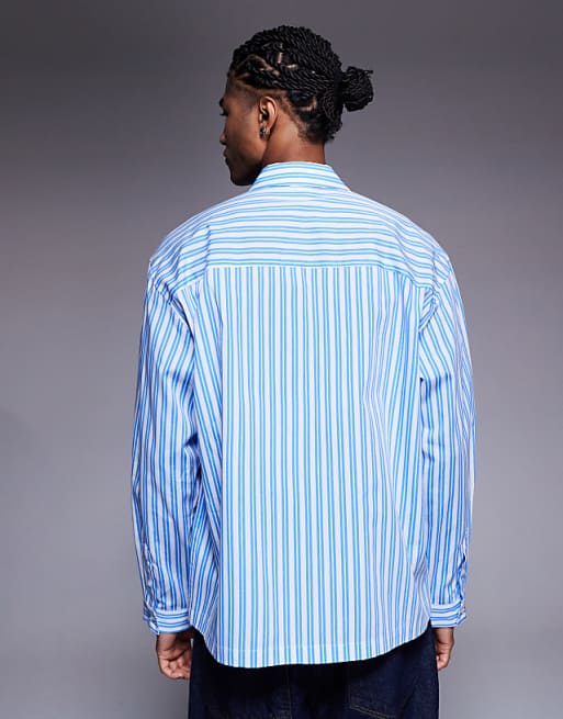 DESIGN Oversized Stripe Shirt With Chest Embroidery In Blue