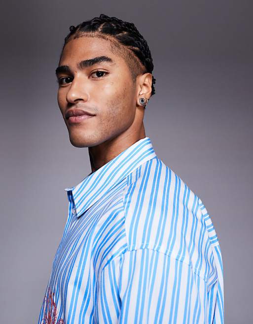 DESIGN Oversized Stripe Shirt With Chest Embroidery In Blue