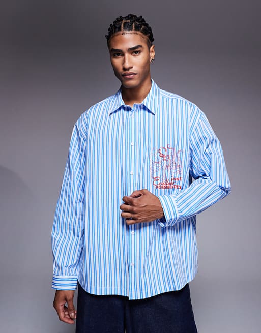 DESIGN oversized stripe shirt with chest embroidery in blue