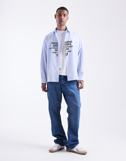 DESIGN Oversized Stripe Shirt With Chest Print In Blue