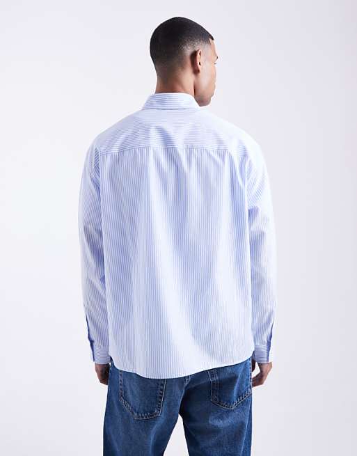 DESIGN Oversized Stripe Shirt With Chest Print In Blue
