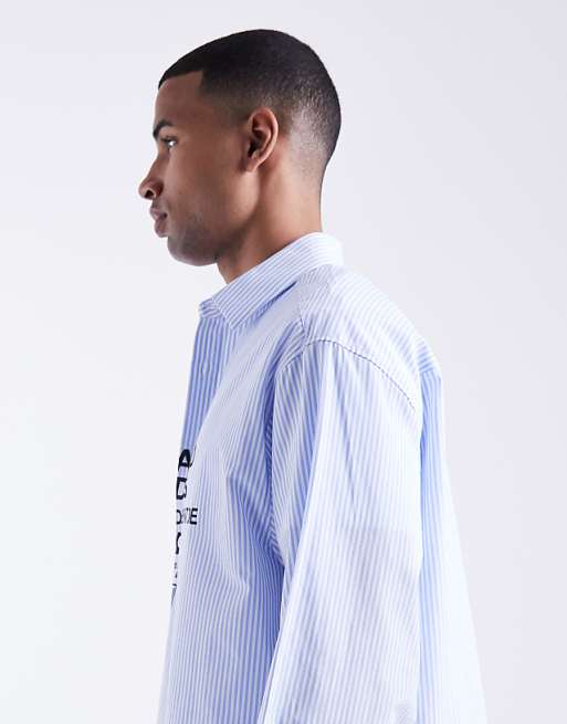 DESIGN Oversized Stripe Shirt With Chest Print In Blue