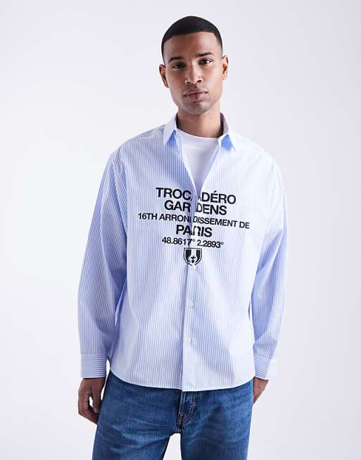 DESIGN oversized stripe shirt with chest print in blue