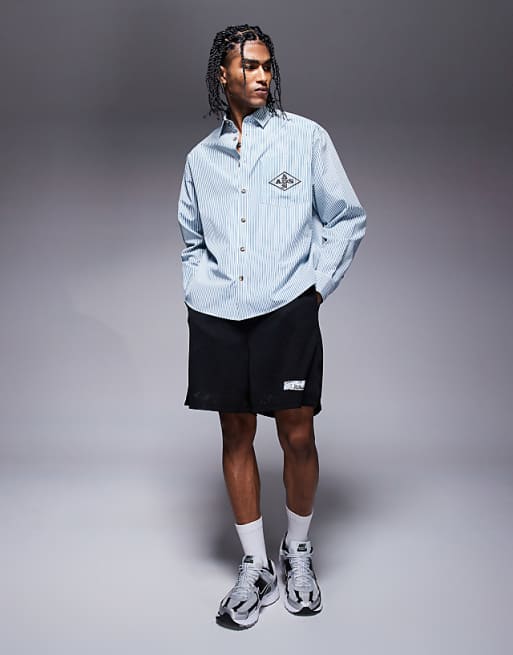 DESIGN Oversized Stripe Shirt With Embroidery In Green