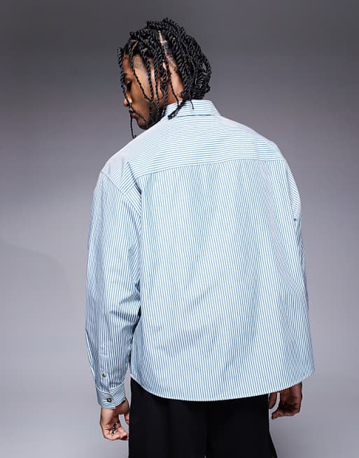 DESIGN Oversized Stripe Shirt With Embroidery In Green