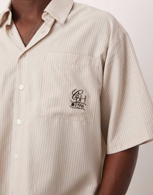 DESIGN Oversized Stripe Shirt With Embroidery In Beige