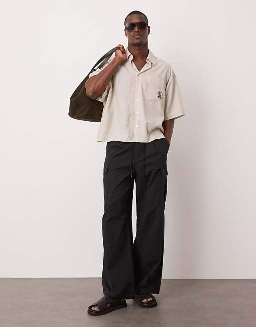 DESIGN Oversized Stripe Shirt With Embroidery In Beige