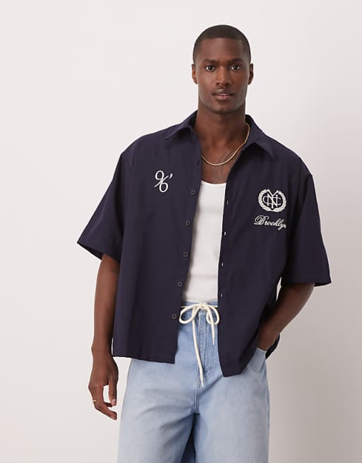 DESIGN Oversized Stripe Shirt With Embroidery In Navy