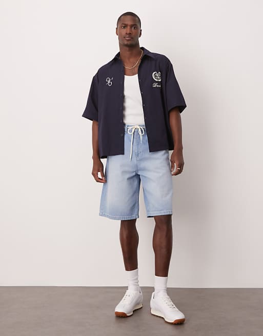 DESIGN Oversized Stripe Shirt With Embroidery In Navy