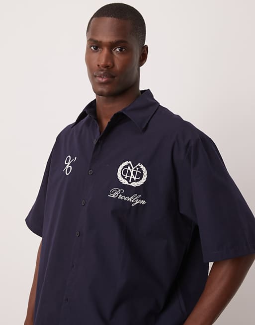 DESIGN oversized stripe shirt with embroidery in navy