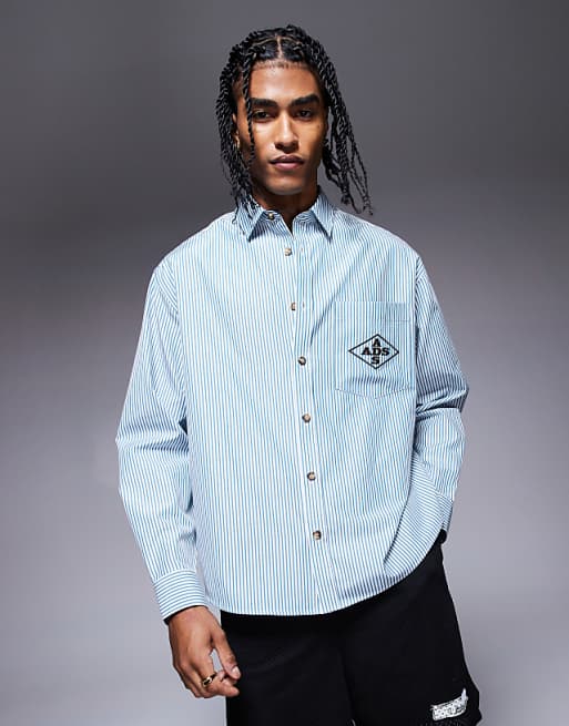 DESIGN oversized stripe shirt with embroidery in green
