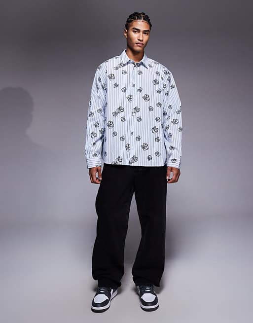 DESIGN Oversized Stripe Shirt With Floral Print In Blue