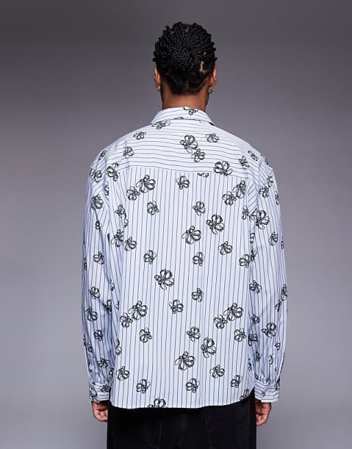 DESIGN Oversized Stripe Shirt With Floral Print In Blue