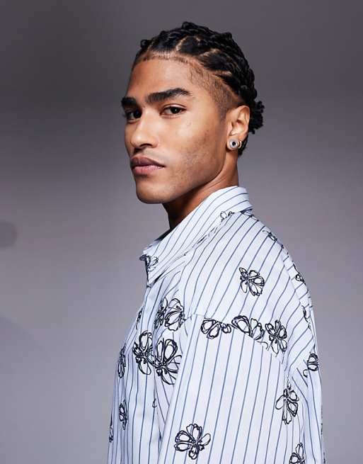 DESIGN Oversized Stripe Shirt With Floral Print In Blue