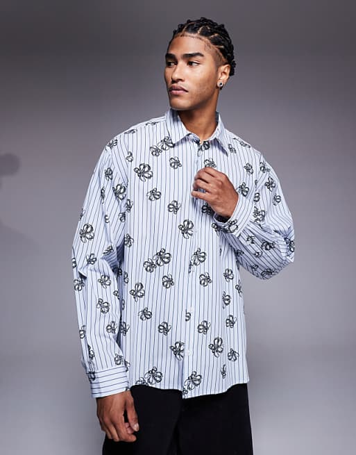 DESIGN oversized stripe shirt with floral print in blue