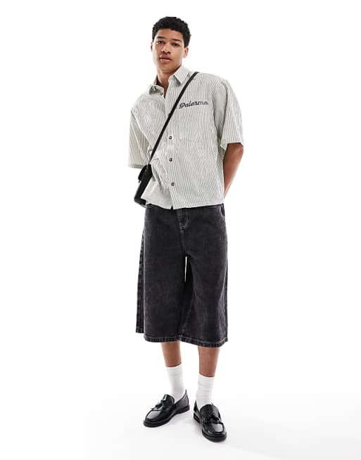 DESIGN Oversized Stripe Shirt With Half Sleeve In Green