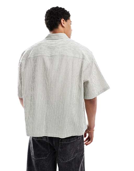 DESIGN Oversized Stripe Shirt With Half Sleeve In Green