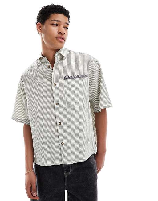 DESIGN oversized stripe shirt with half sleeve in green