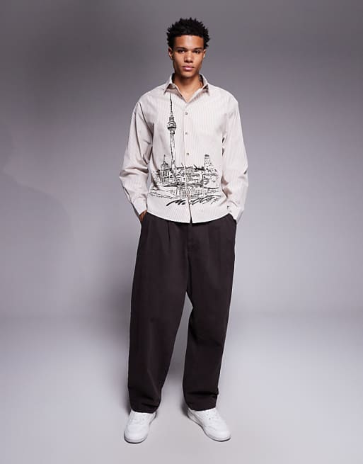 DESIGN Oversized Stripe Shirt With Landscape Print In Beige