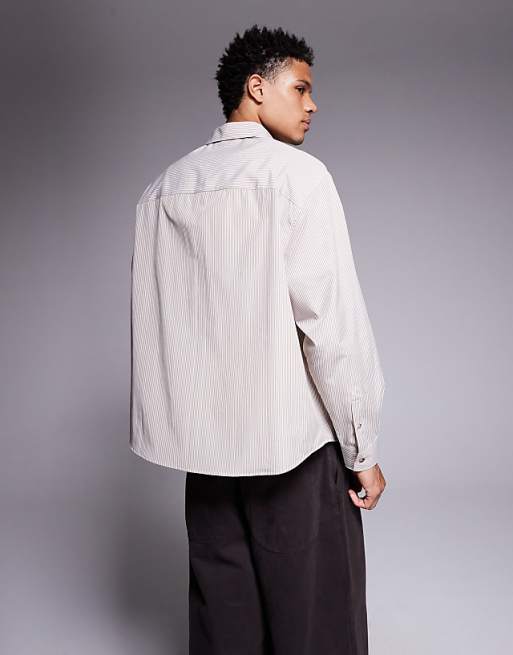 DESIGN Oversized Stripe Shirt With Landscape Print In Beige
