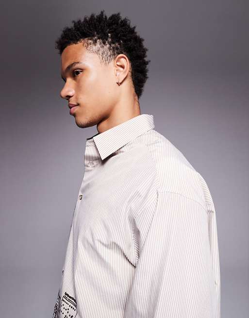 DESIGN Oversized Stripe Shirt With Landscape Print In Beige