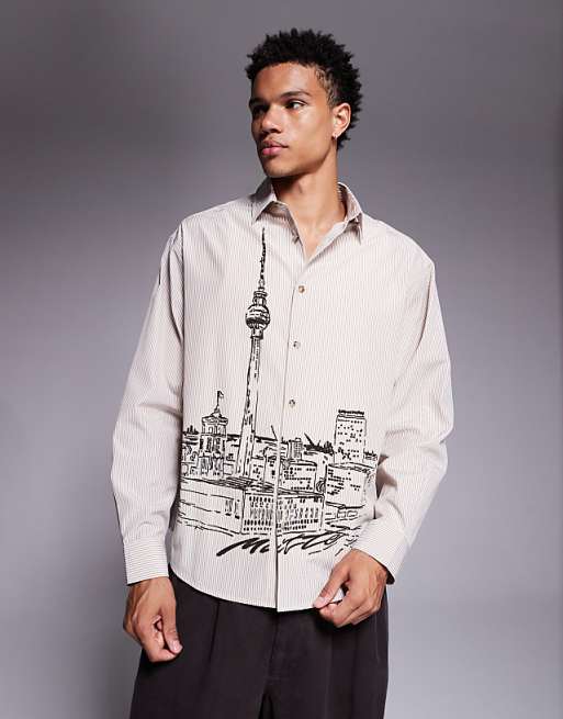 DESIGN Oversized Stripe Shirt With Landscape Print In Beige