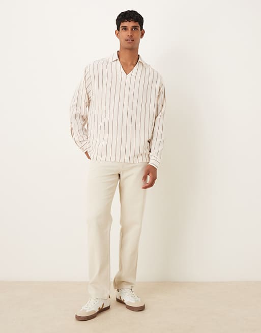 DESIGN Oversized Striped Shirt With Open Collar In Beige