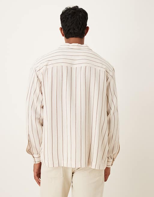 DESIGN Oversized Striped Shirt With Open Collar In Beige