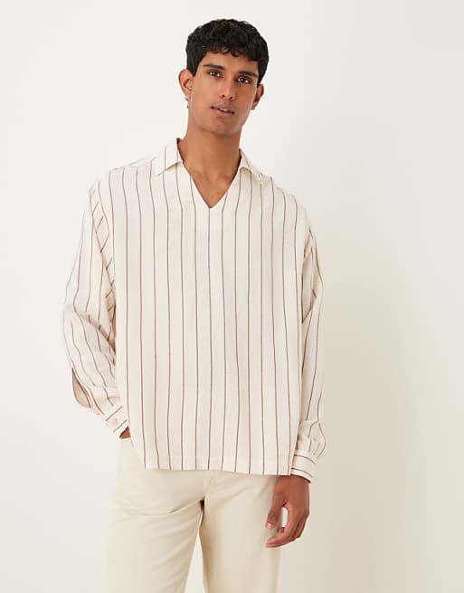 DESIGN oversized striped shirt with open collar in beige