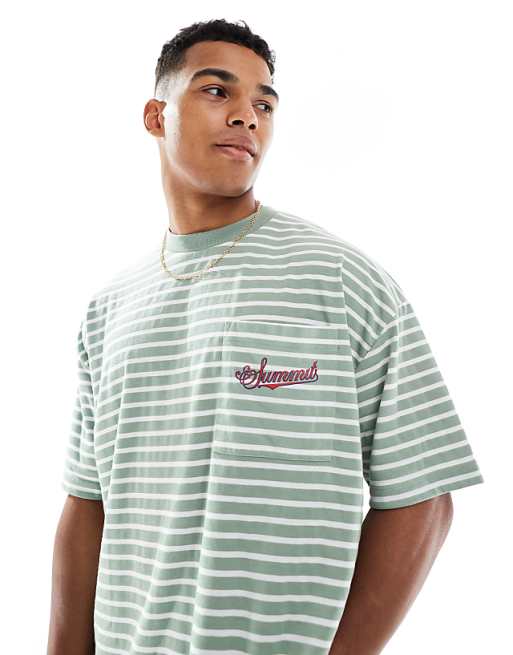 DESIGN Oversized Striped T-shirt With Chest And Back Print In Sage And White