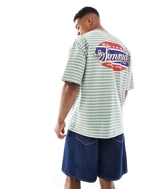 DESIGN Oversized Striped T-shirt With Chest And Back Print In Sage And White