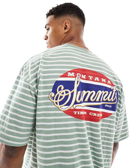 DESIGN oversized striped t-shirt with chest and back print in sage and white