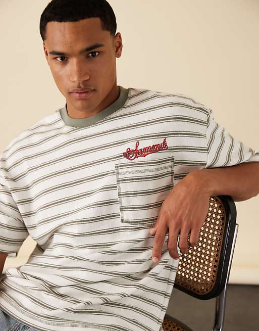 DESIGN oversized striped t-shirt with chest embroidery in black and white