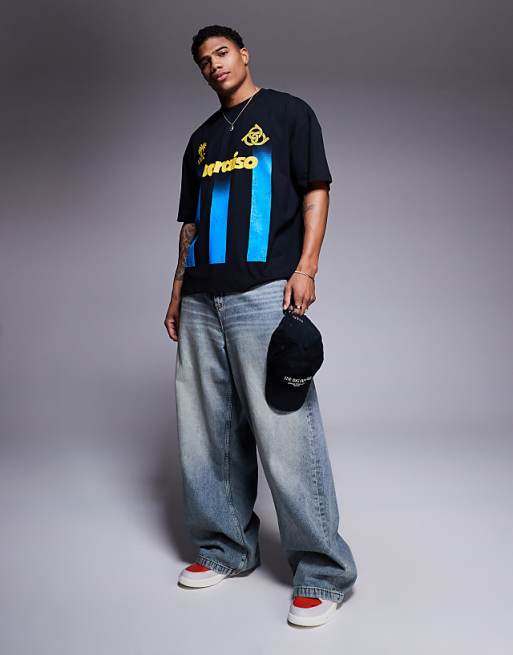 DESIGN Oversized Striped T-shirt With Sports Graphic In Black