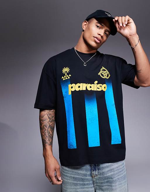 DESIGN oversized striped t-shirt with sports graphic in black