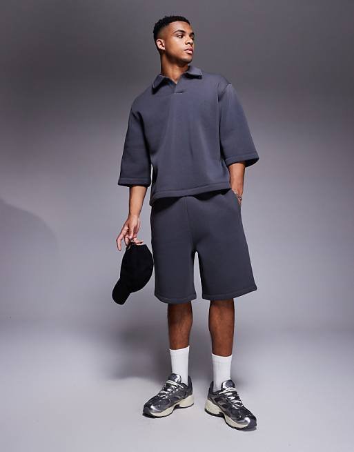DESIGN Oversized Sweatshirt With Short Sleeves And Rugby Collar In Charcoal