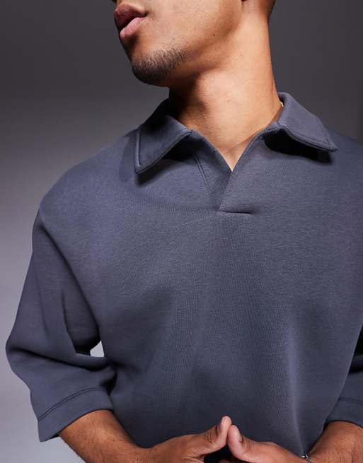 DESIGN Oversized Sweatshirt With Short Sleeves And Rugby Collar In Charcoal
