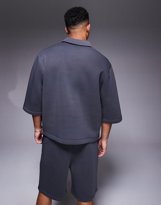 DESIGN Oversized Sweatshirt With Short Sleeves And Rugby Collar In Charcoal