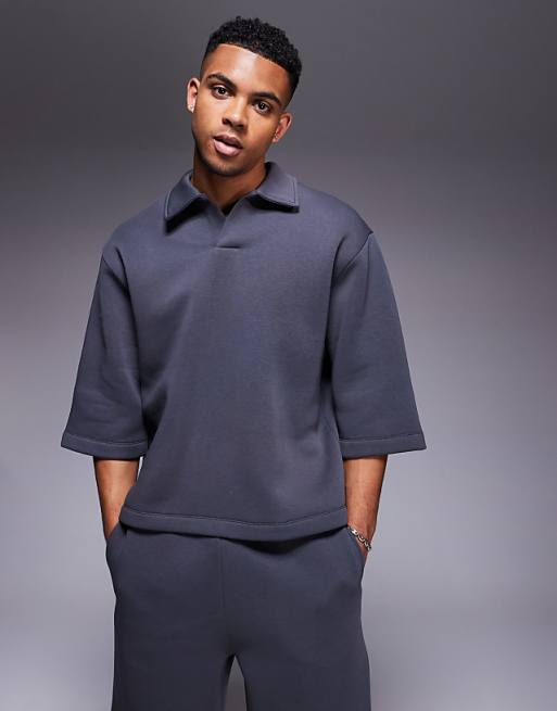 DESIGN oversized sweatshirt with short sleeves and rugby collar in charcoal