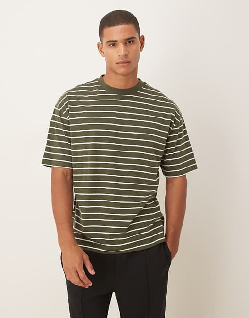 DESIGN oversized t-shirt in dark green and ecru stripe