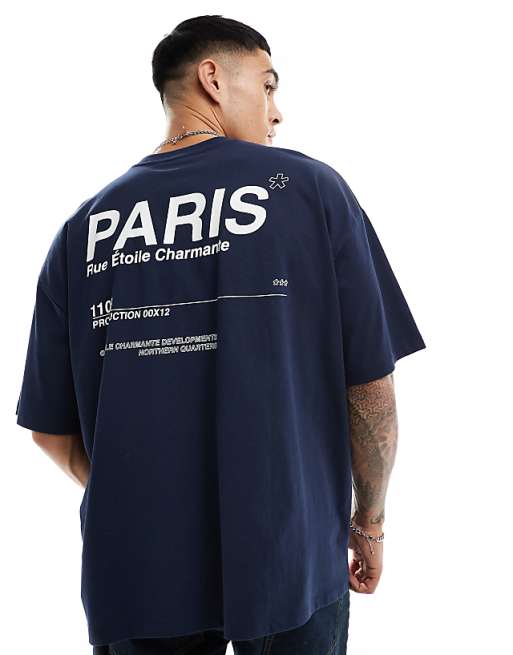 DESIGN oversized t-shirt in navy with Paris text back print